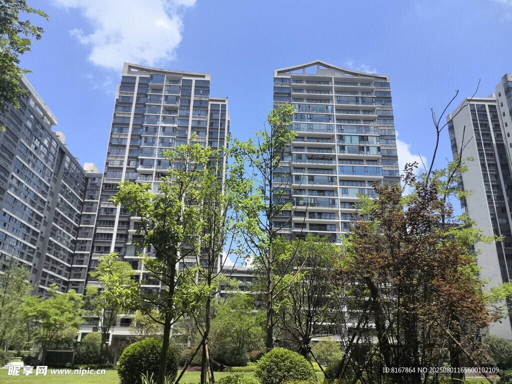 现代高层住宅与绿植景观