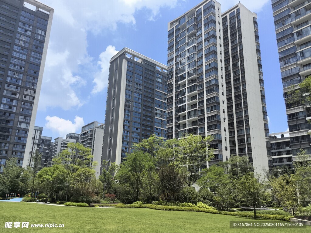 城市绿地旁的高楼景观