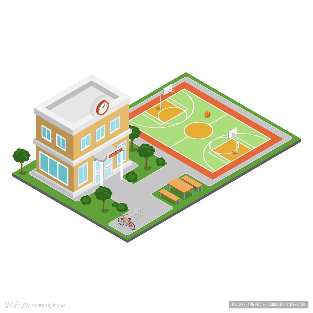 学校建筑与操场场景图