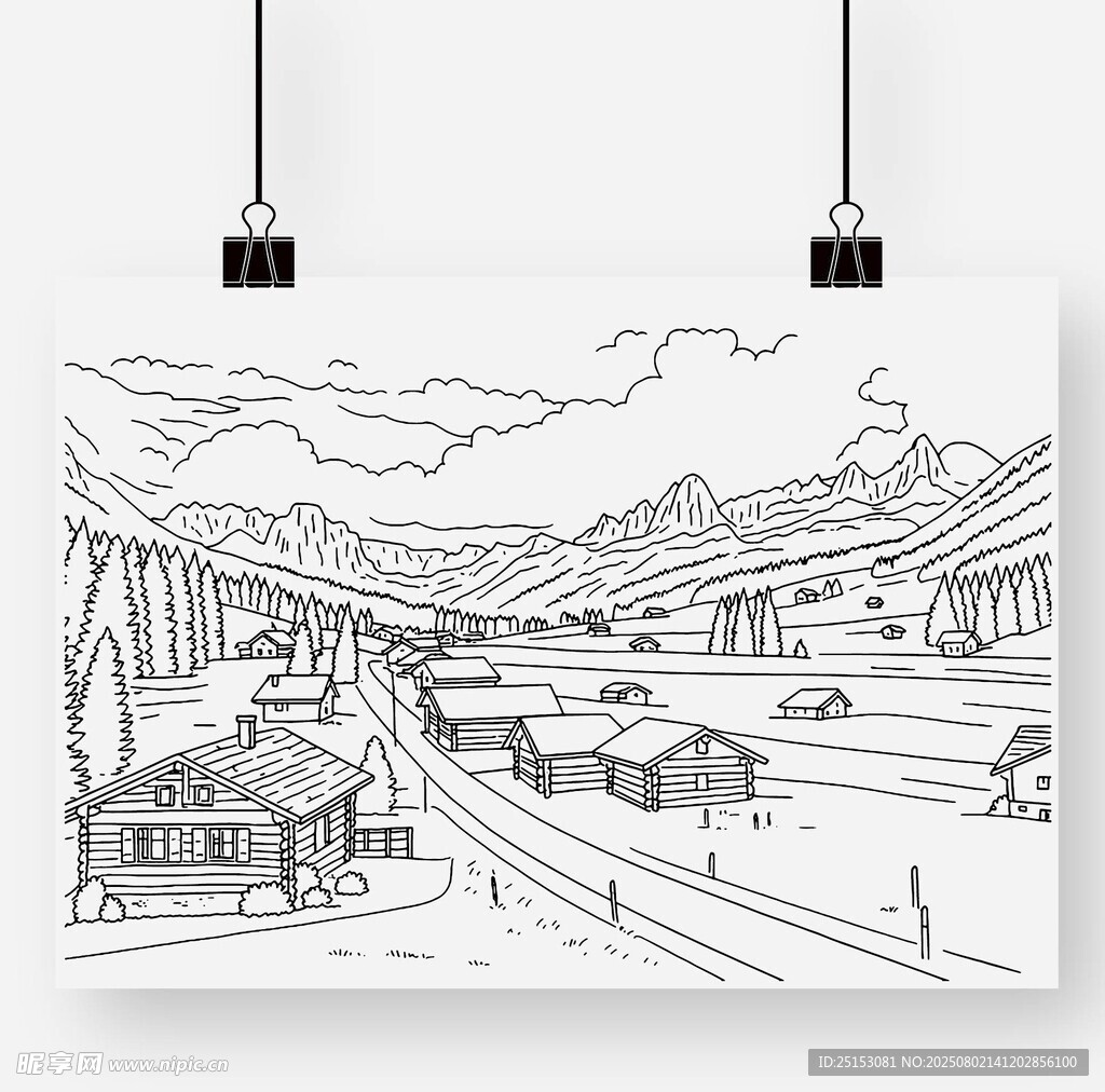 黑白线条绘就的乡村景致