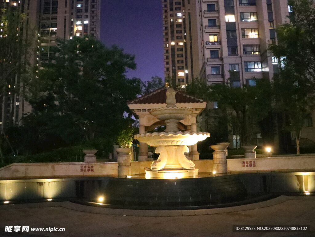 城市夜景中的喷泉景观
