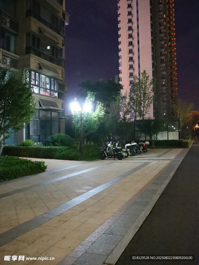 夜晚小区的静谧道路