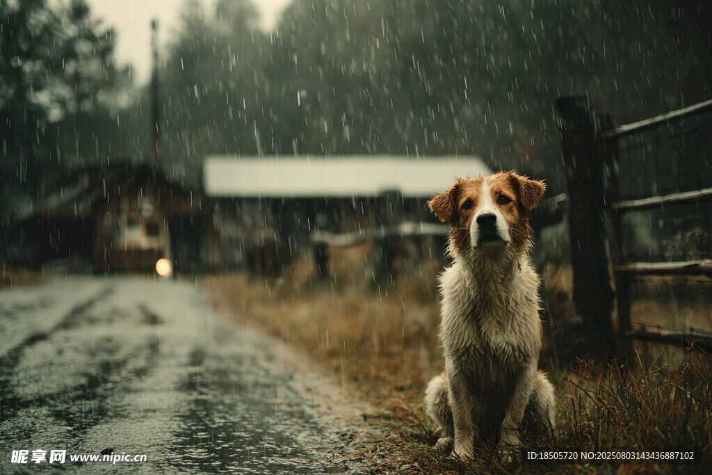 雨中孤坐的狗狗