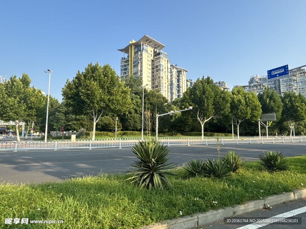 城市道路旁的建筑景观