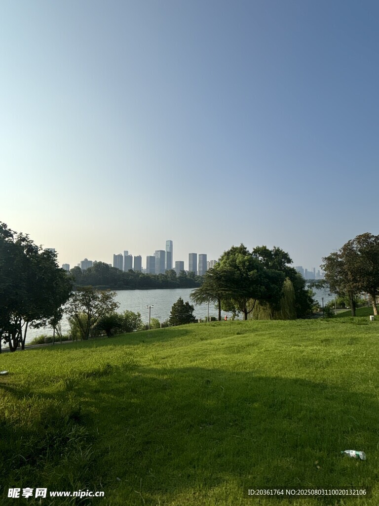湖畔绿地远眺城市风光