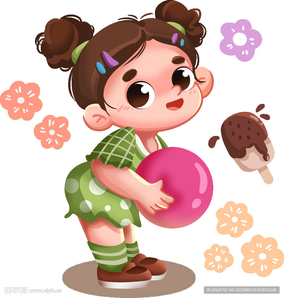 抱粉球的可爱扎辫小女孩