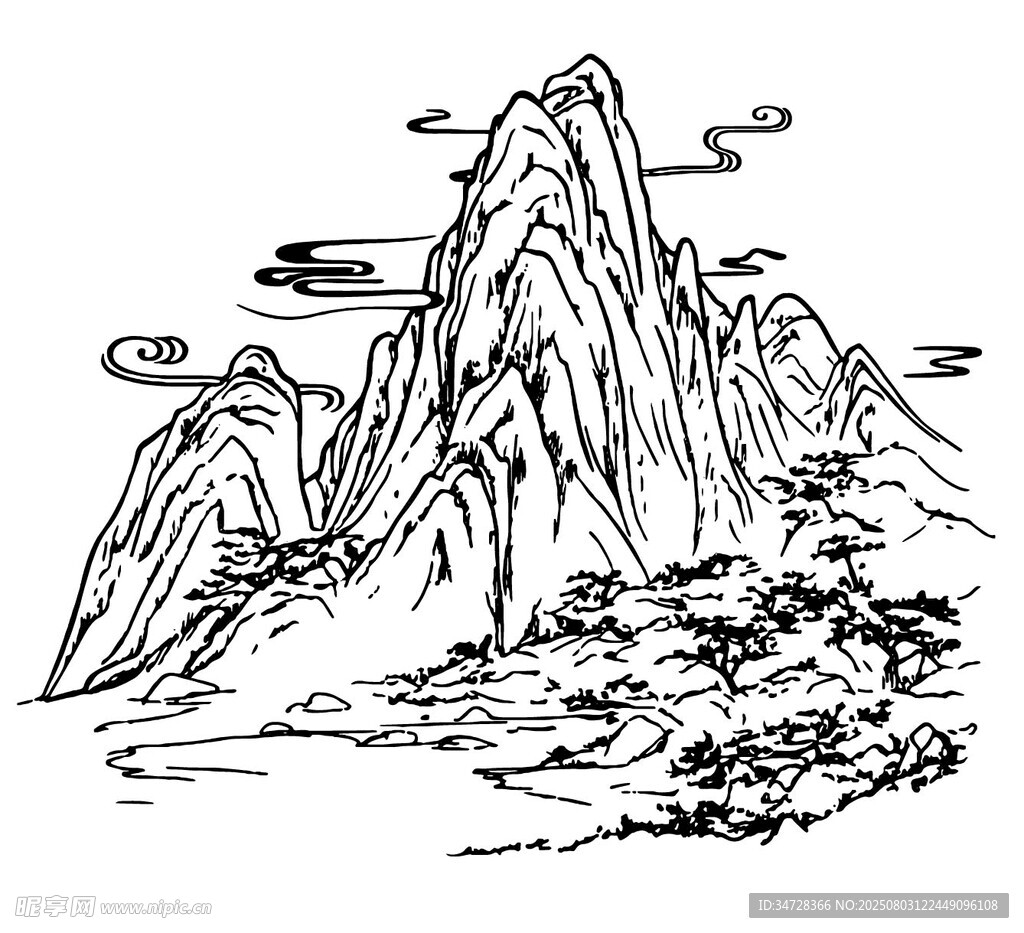 水墨勾勒的秀丽山川景色