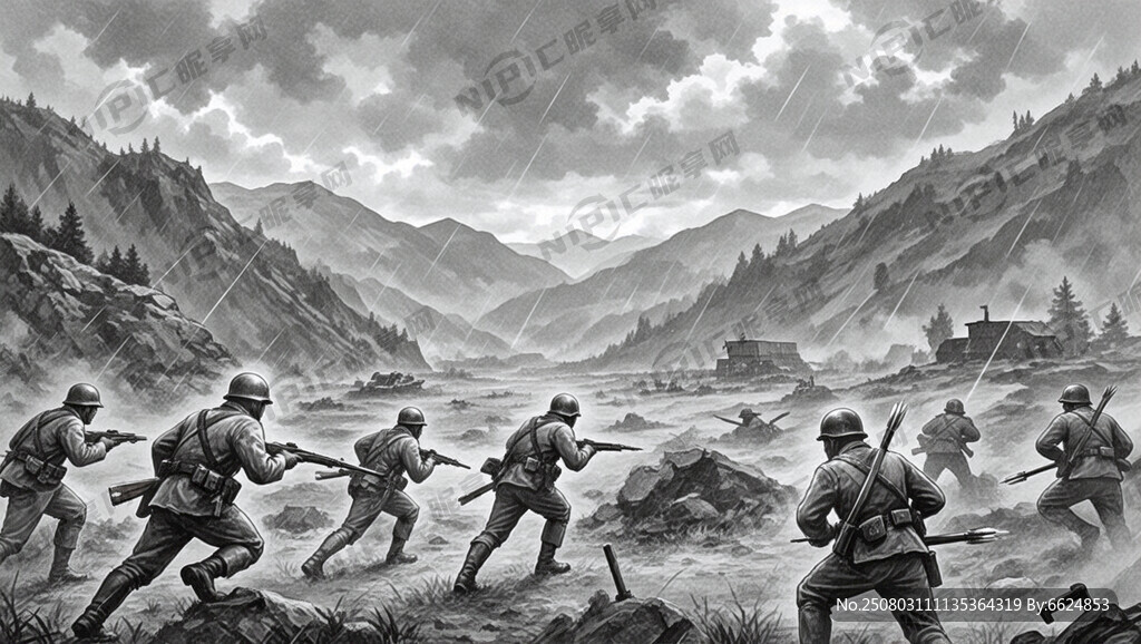 黑白素描风战场伏击画面