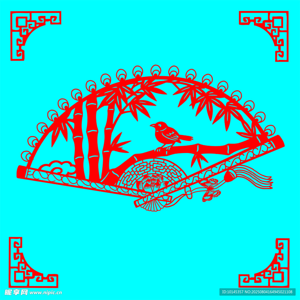 红色剪纸风竹鸟图案