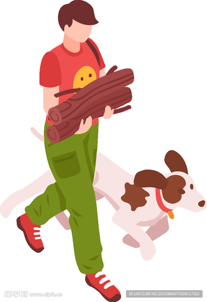 男子携犬搬运木柴场景