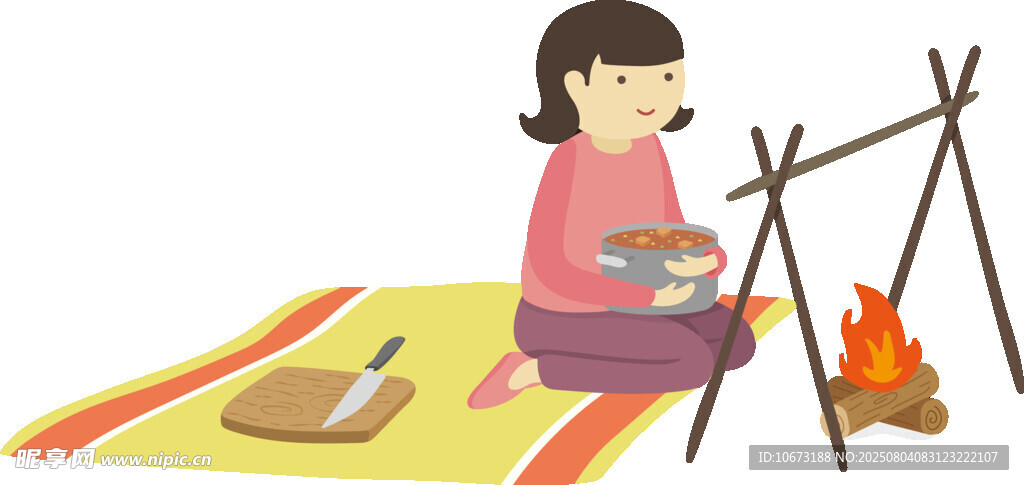 女孩户外生火烹饪场景