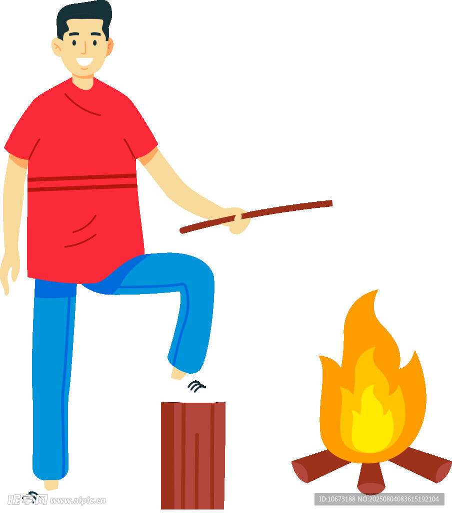 男子持棍立于篝火旁