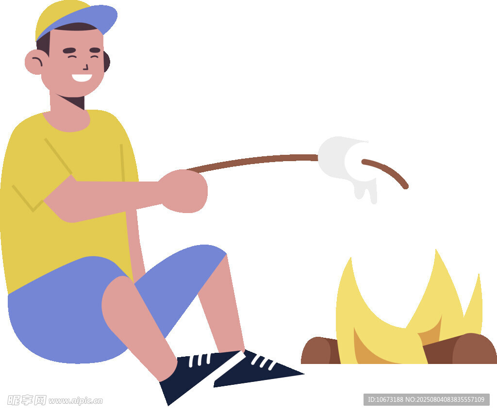 男孩户外篝火旁烤棉花糖