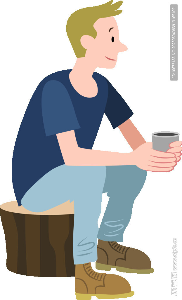 男子坐树桩手持杯子