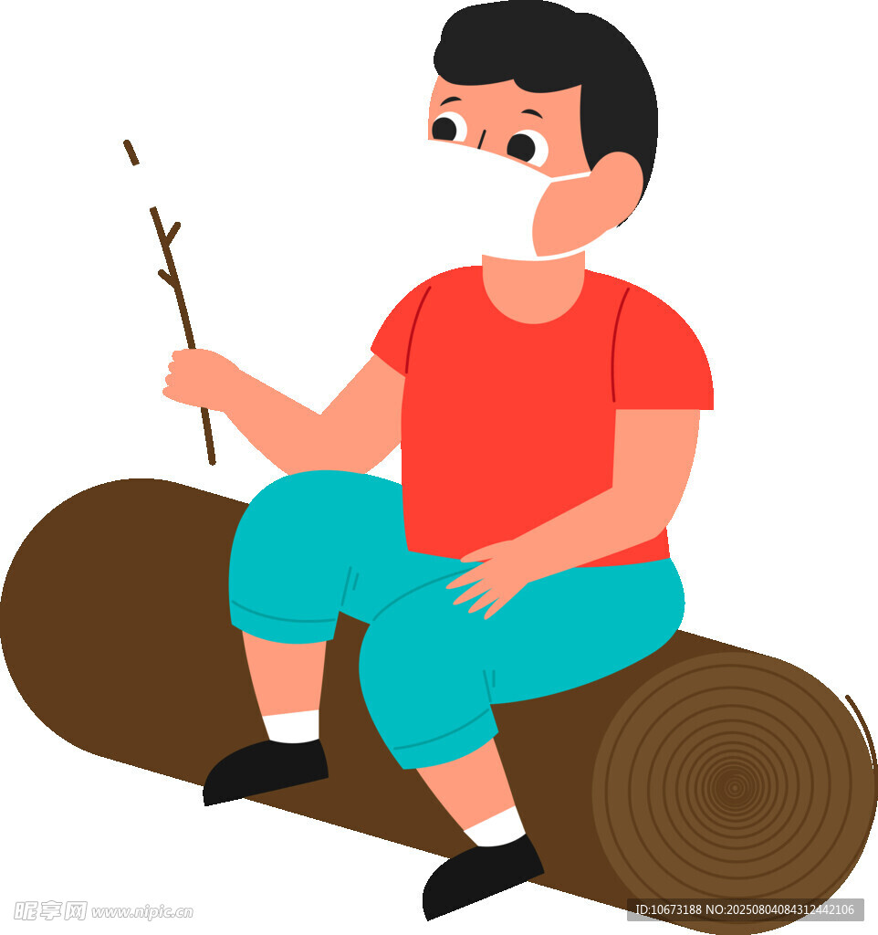 男孩坐木头上手持树枝玩耍