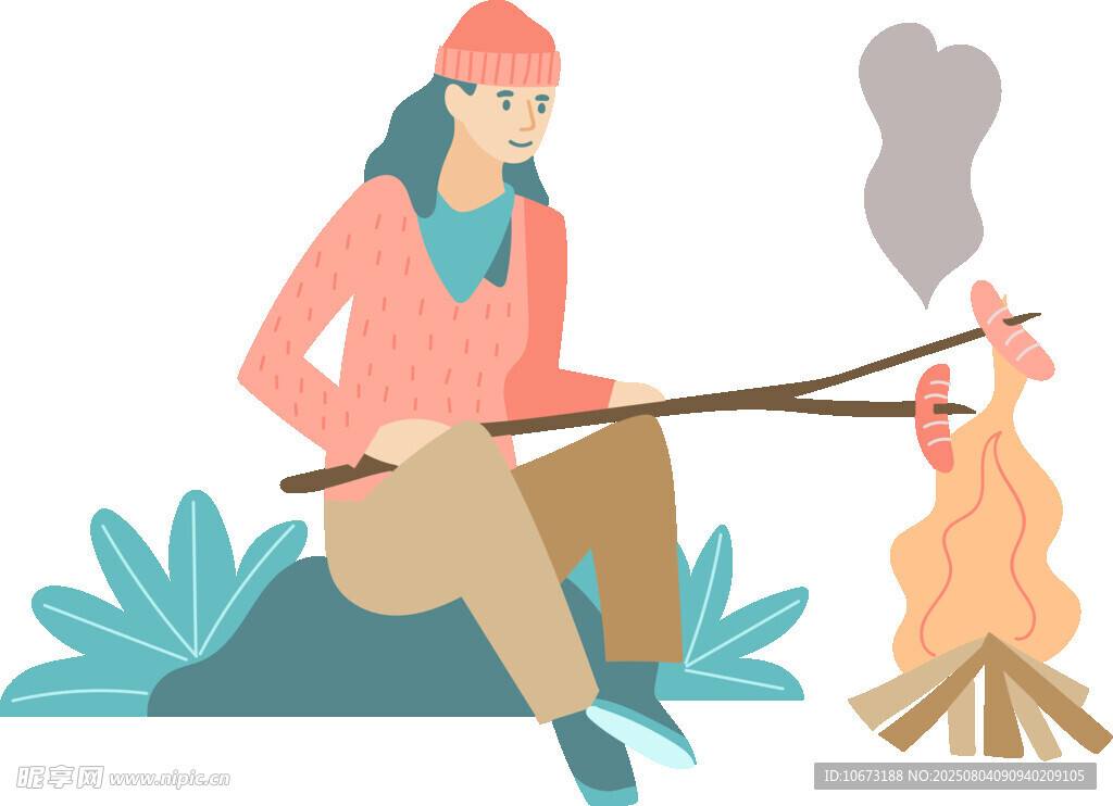 女子户外惬意地烤棉花糖