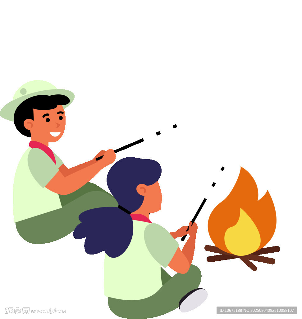 两人围坐篝火旁烤棉花糖
