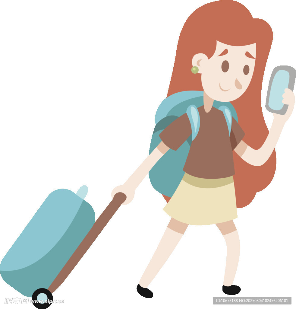 女孩拖着行李箱用手机出行