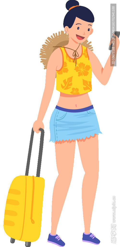 旅行女子手持手机拉行李箱