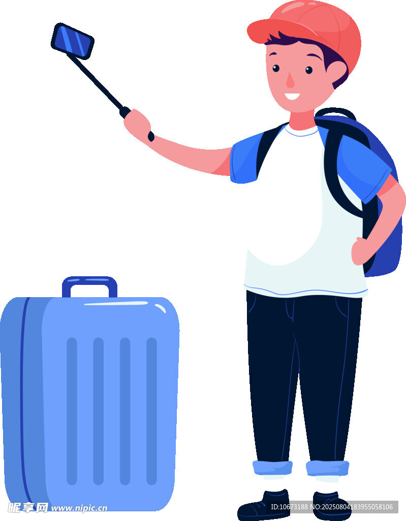 男孩旅行自拍带行李箱