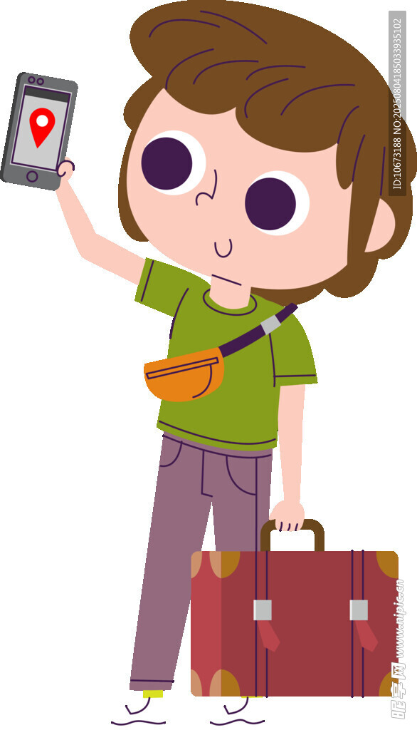 男孩手持平板准备出行