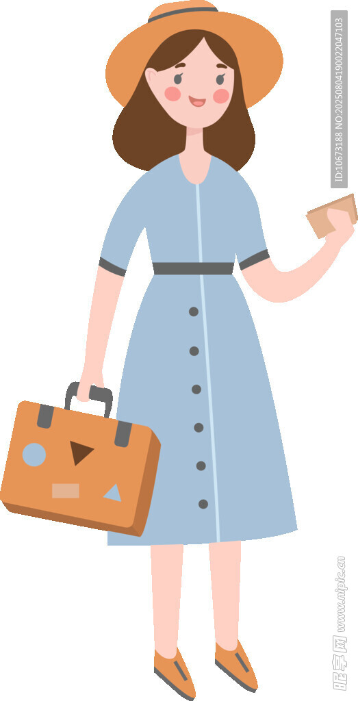 旅行女子手持车票与行李箱