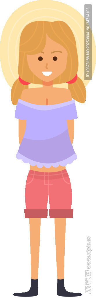 女孩身着紫上衣配红短裤