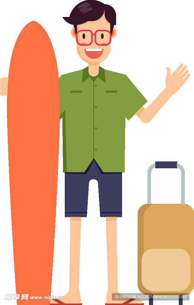 男子携冲浪板行李箱准备出行