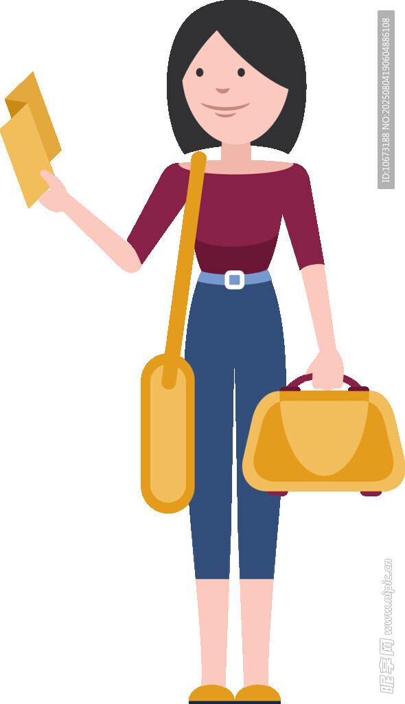 女子手持信件与拎包出行