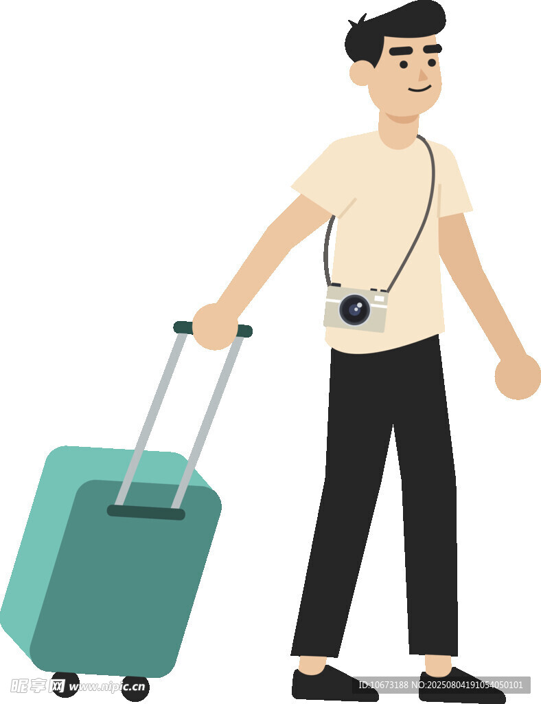 旅行男子拖行李箱带相机
