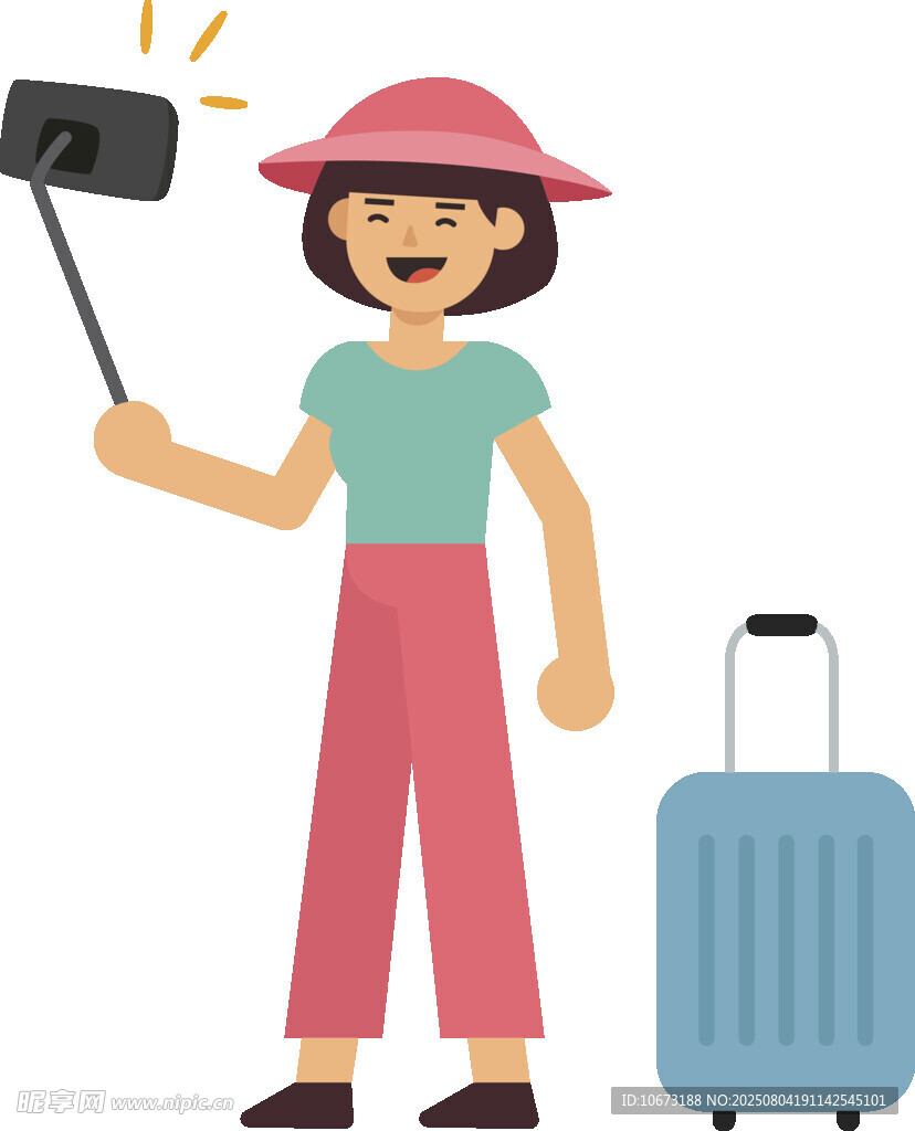女子旅行自拍带行李箱