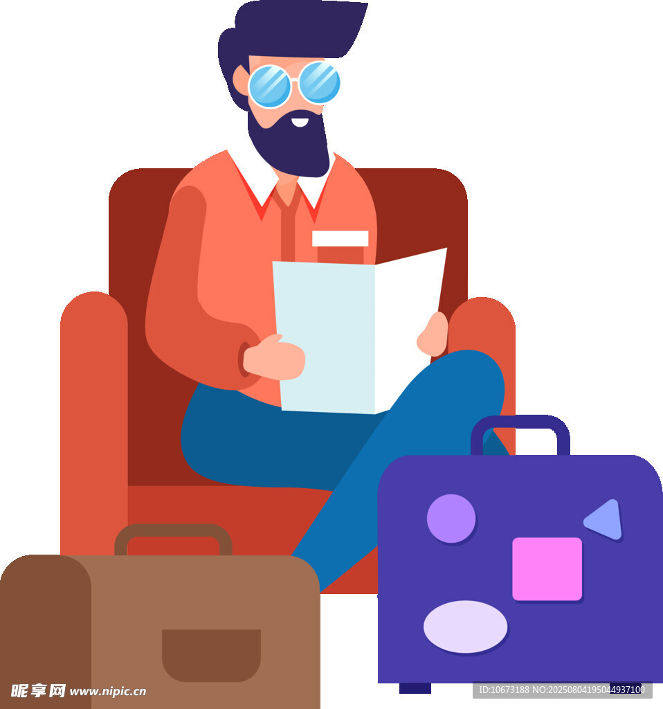 男子坐沙发手持文件与行李