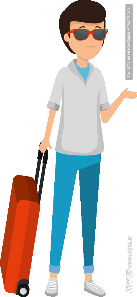 旅行男子拖着红色行李箱