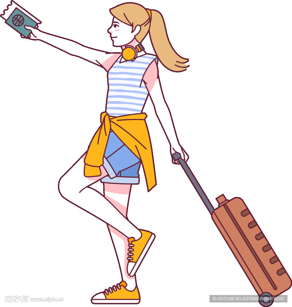 女孩拖着行李箱开心自拍