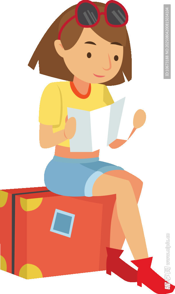 女孩坐行李箱上阅读文件