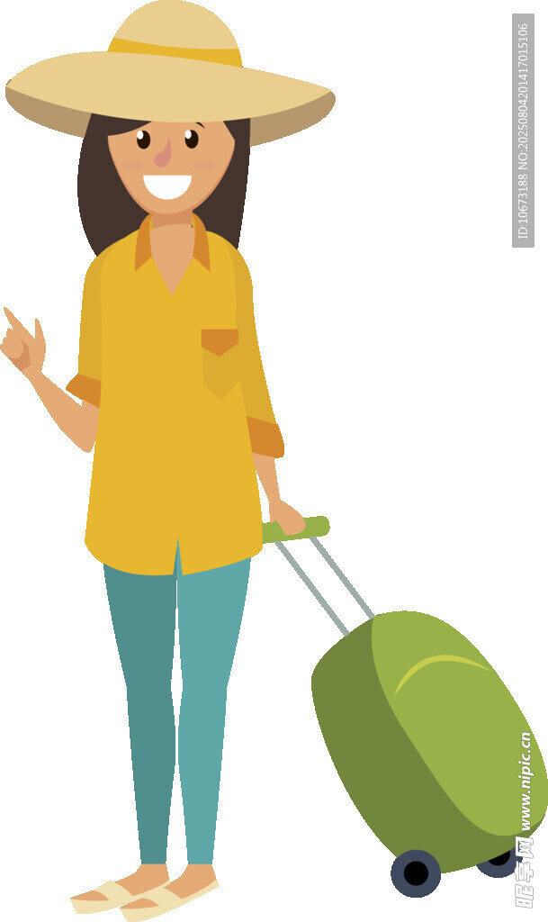 旅行女孩拖着行李箱挥手