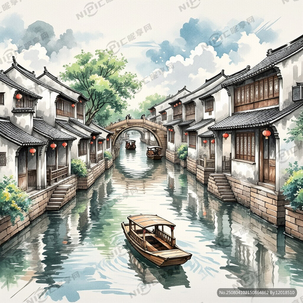 手绘浏河古镇 乌镇插画手绘