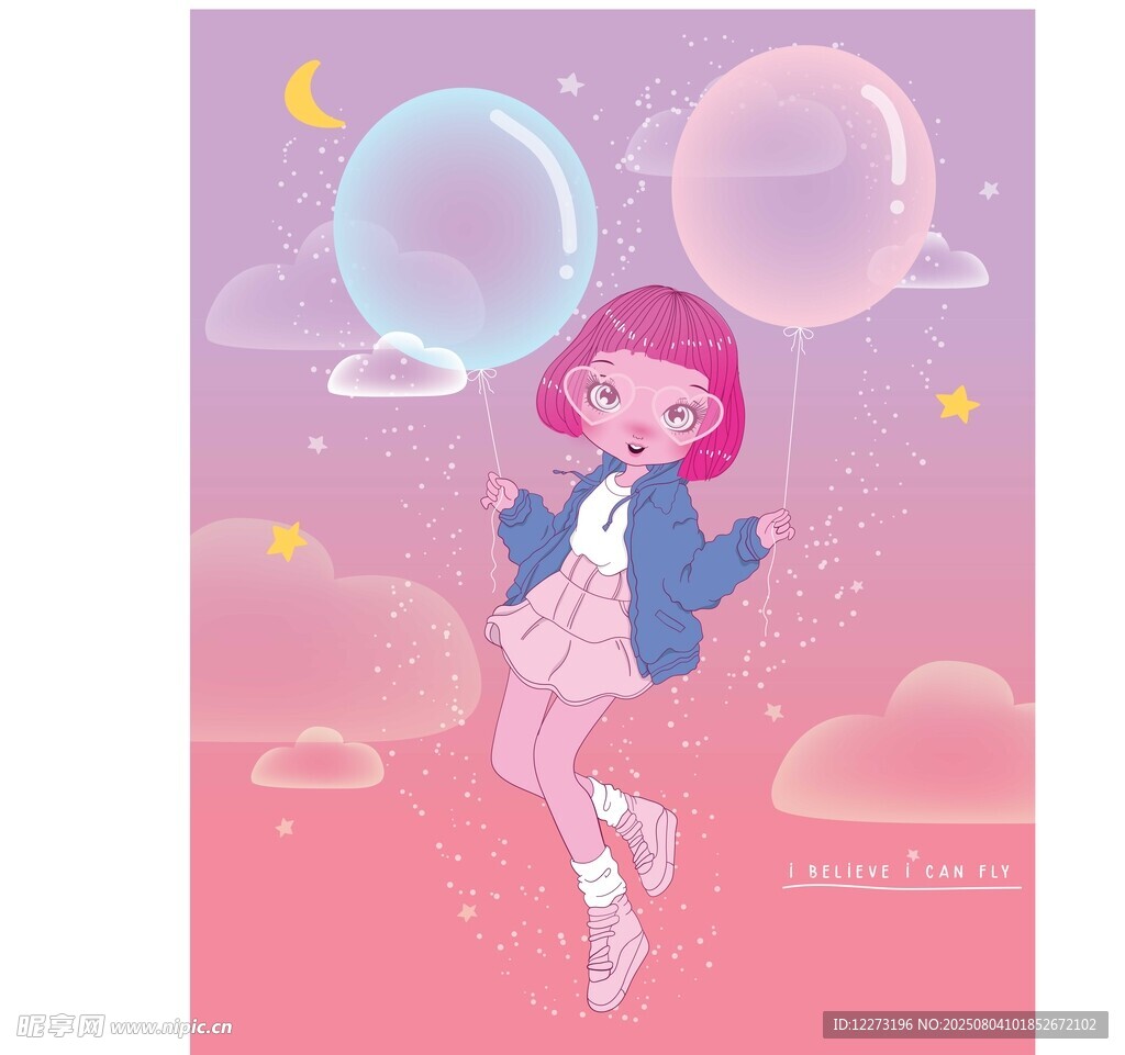 梦幻少女在泡泡云朵中飞舞