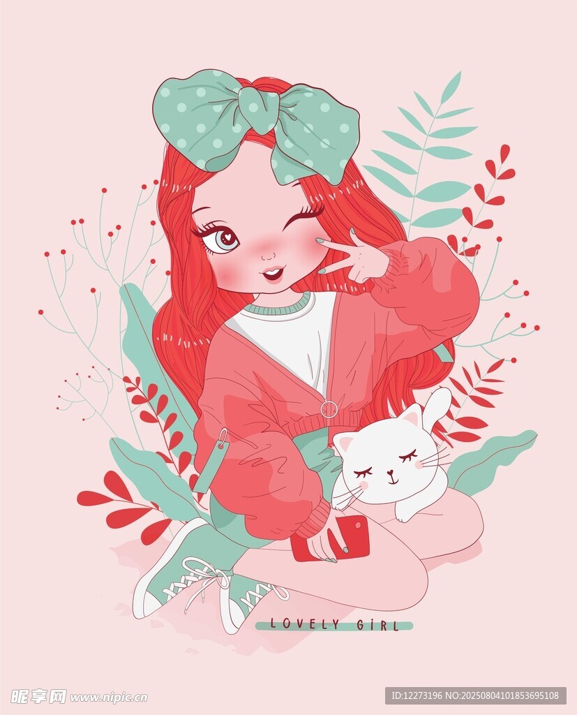 红发萌妹与可爱猫咪