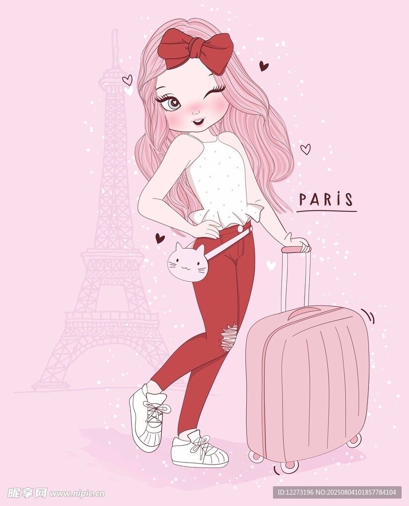 粉色系少女拉行李箱出行