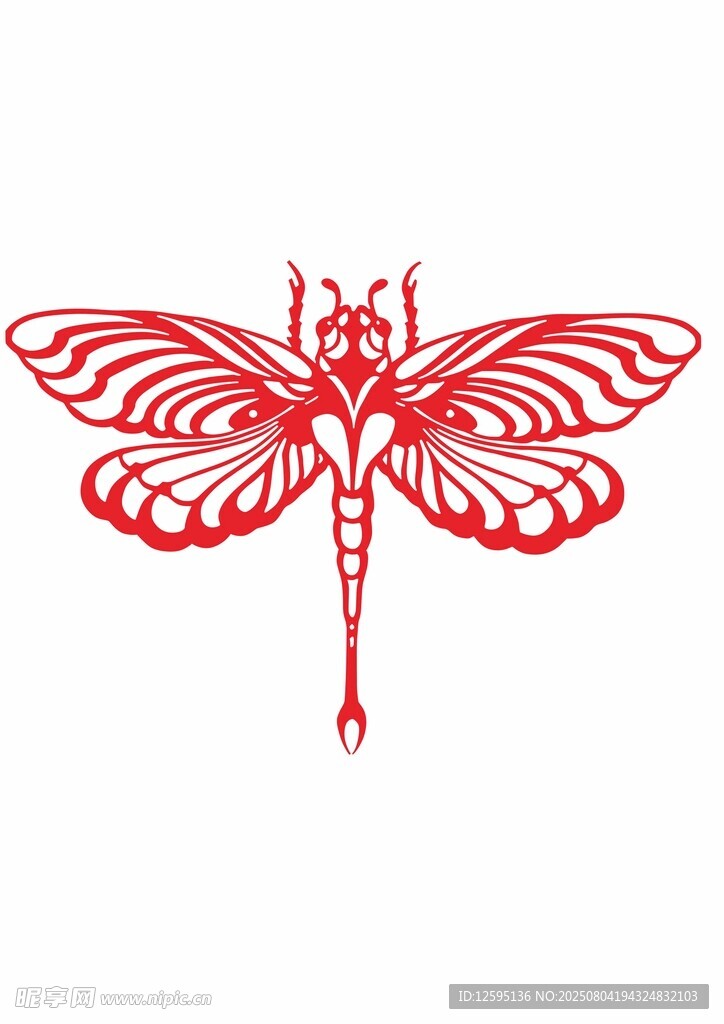 红色剪纸风蜻蜓图案