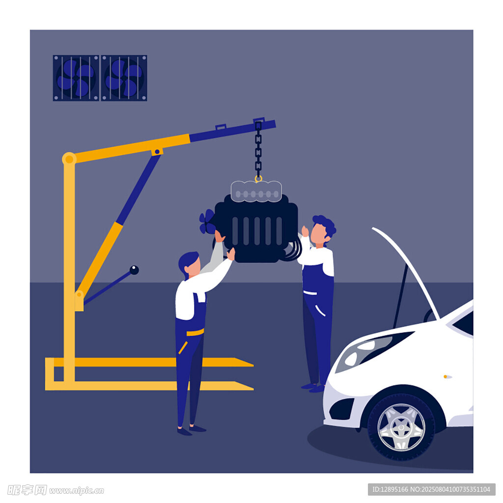 工人进行汽车电池吊装作业
