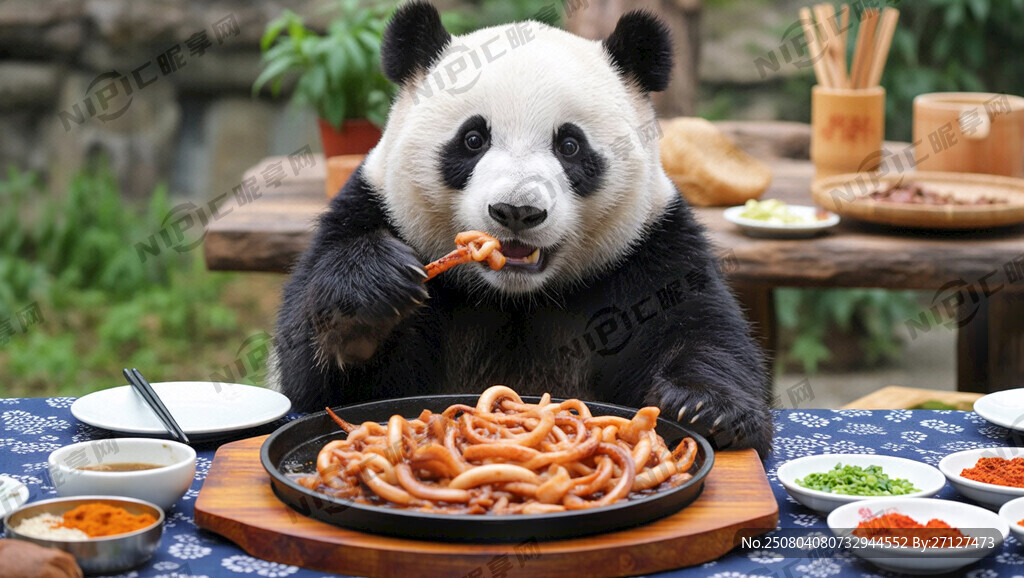 可爱的的熊猫吃铁板鱿鱼