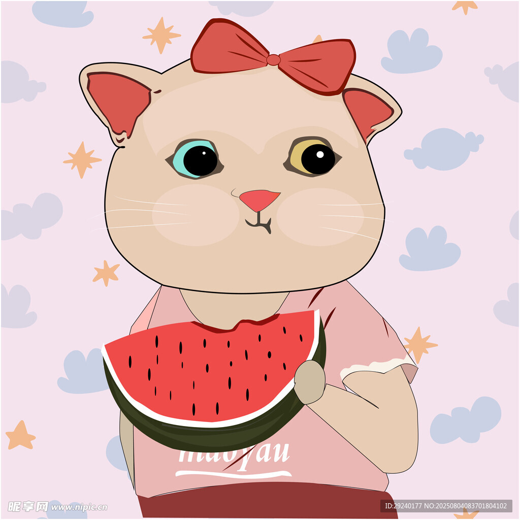 戴蝴蝶结猫咪吃西瓜