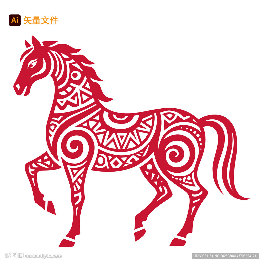 红色剪纸风奔腾骏马图案
