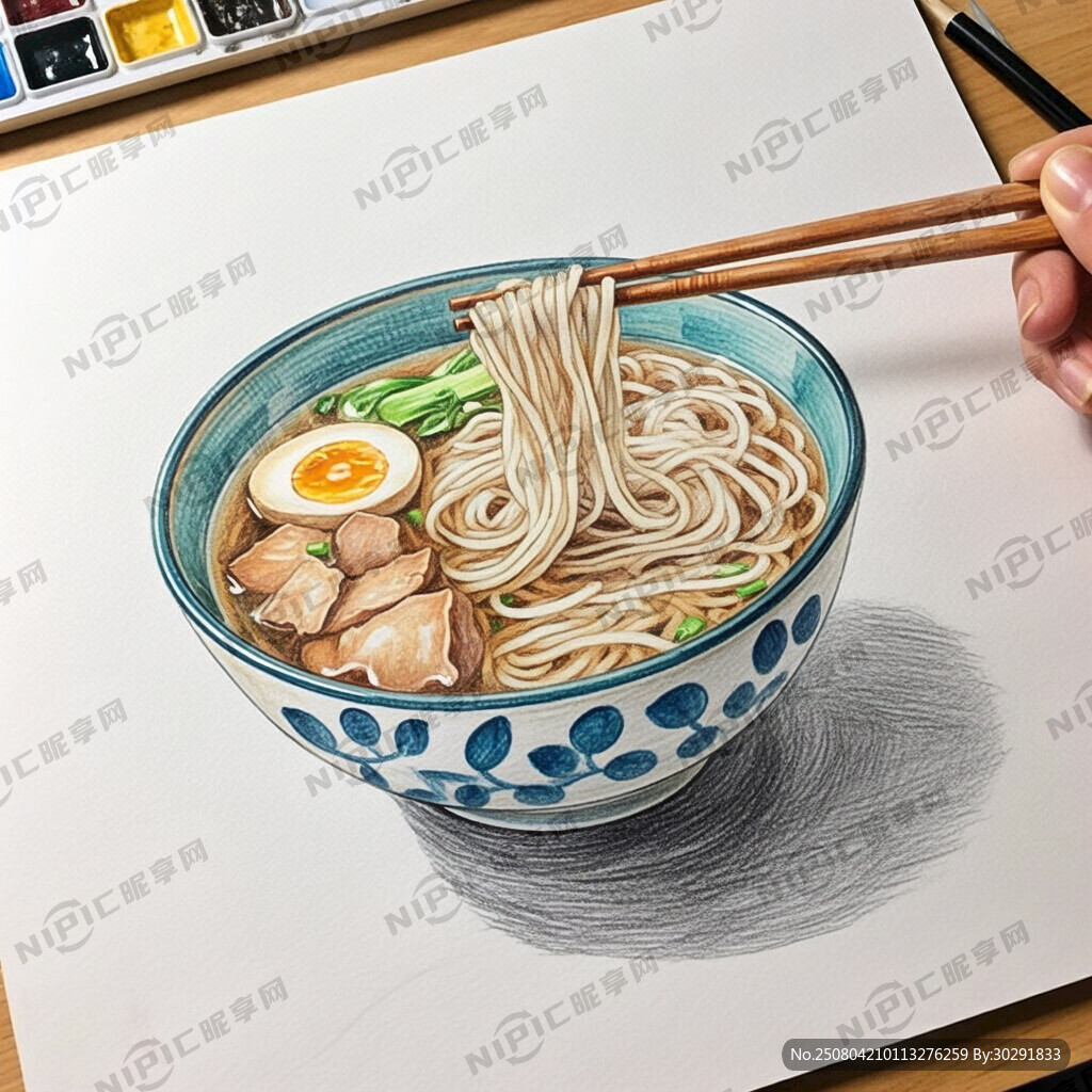素描汤面用筷子挑碗的颜色青花