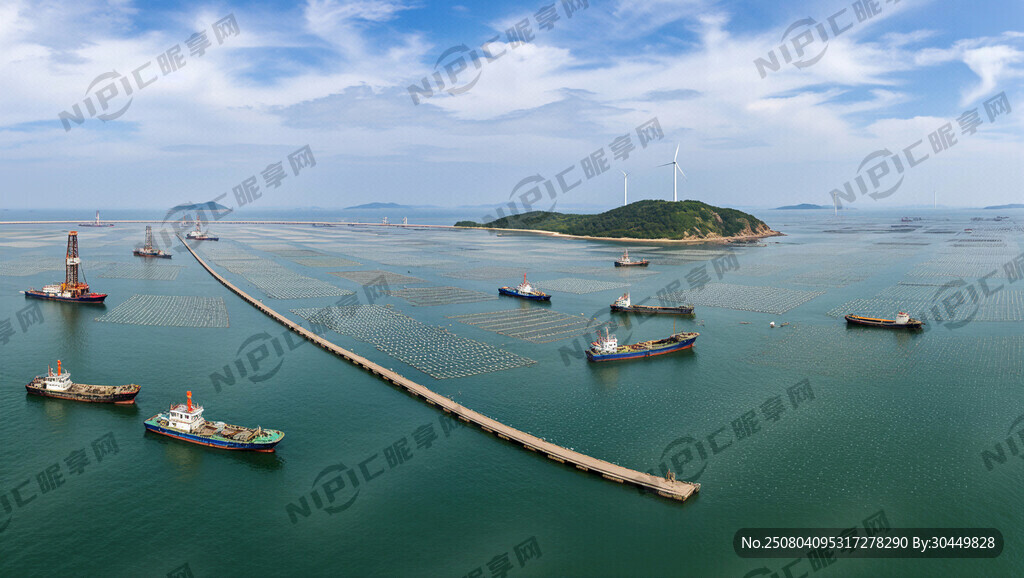 远处一排海上风电；一排排海洋牧