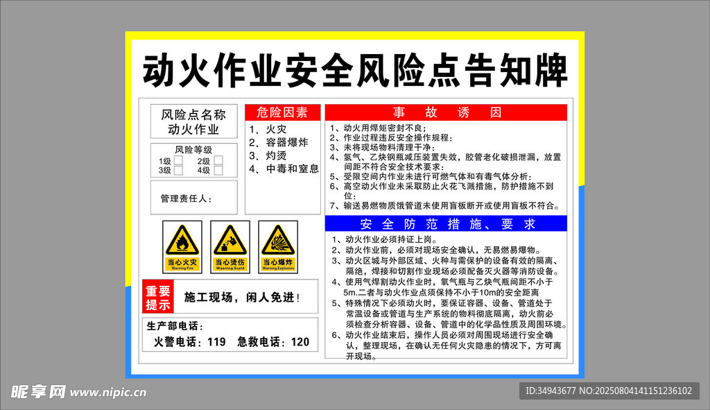 动火作业安全风险点告知牌