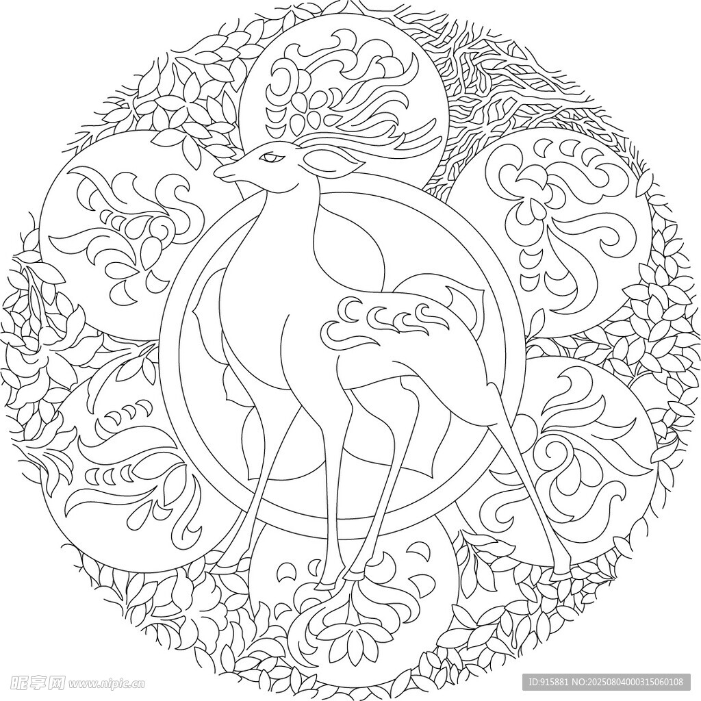 中式祥瑞鹿纹圆形图案