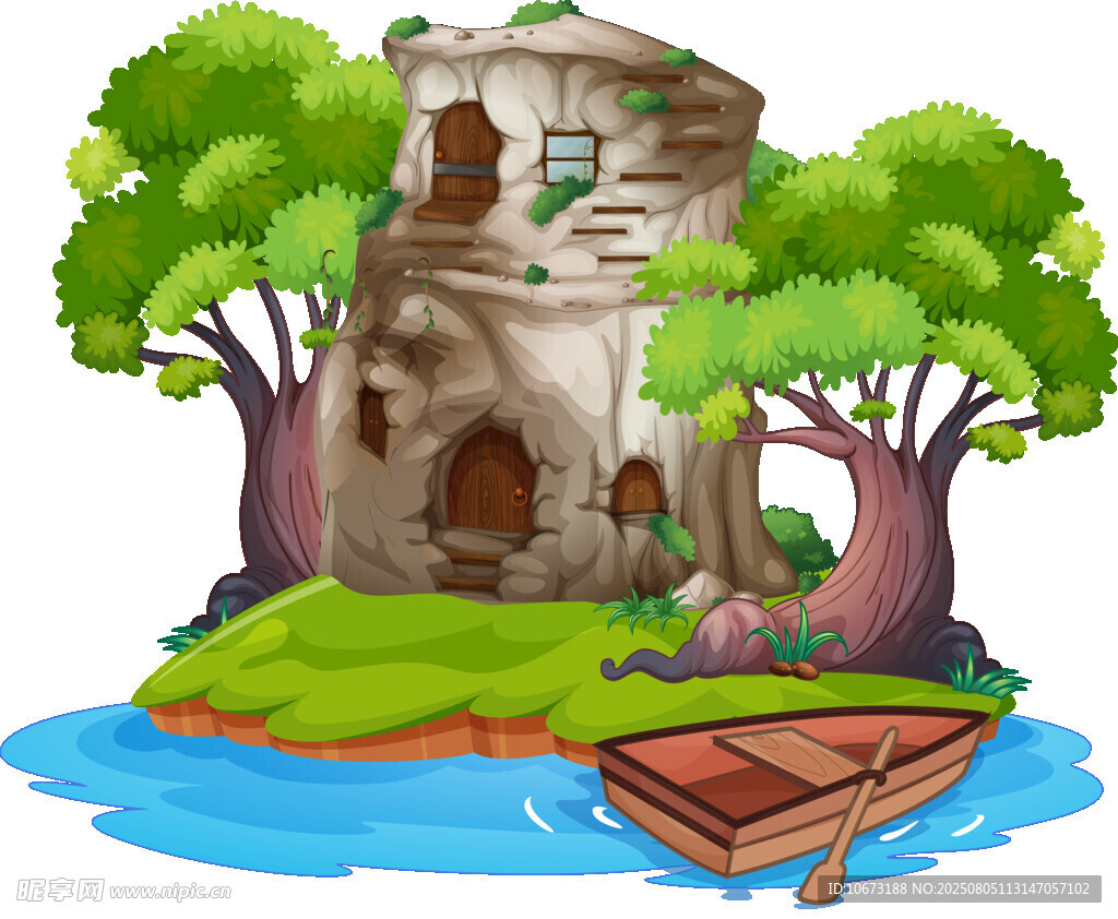 湖畔古宅与小船的静谧风景